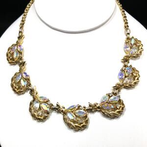 Aurora Borealis Gold Plated Choker Necklace, Floral Design 1960s Vintage Jewelry
